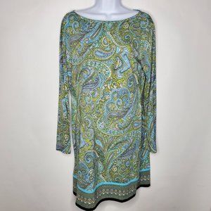 Michael Kors Womens Paisley Shift Dress Size L Blue Green Long Sleeve Stretchy